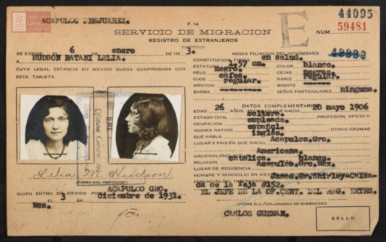 Hudson Batani. Los datos personales indican que nació en Acapulco, Guerrero, en 1906. Registra su ingreso al país por Acapulco el 3 de diciembre de 1931, siendo Acapulco también su lugar de residencia. La documentación forma parte de la serie de registros de personas clasificadas como "Estadounidenses".