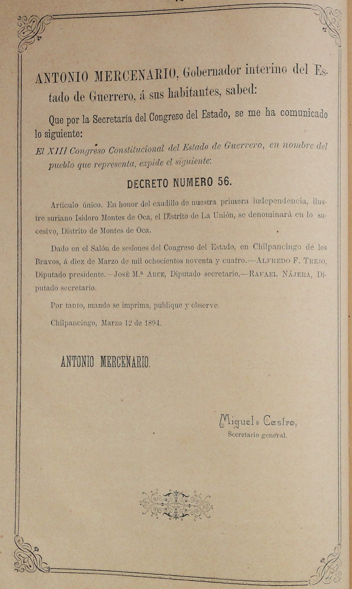 Decreto Número 56 que cambia el nombre del Distrito de La Unión a Distrito de Montes de Oca
