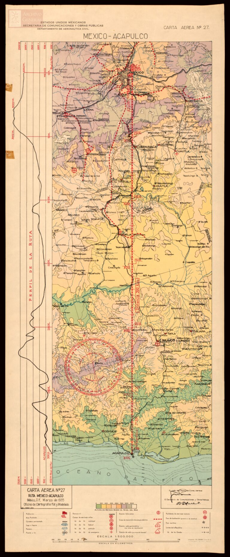 Carta Aérea No. 27 que traza la ruta de navegación aérea entre la Ciudad de México y el puerto de Acapulco. Elaborada por el Departamento de Aeronáutica Civil de la SCOP. El documento muestra la orografía y referencias visuales para la aviación de la época.