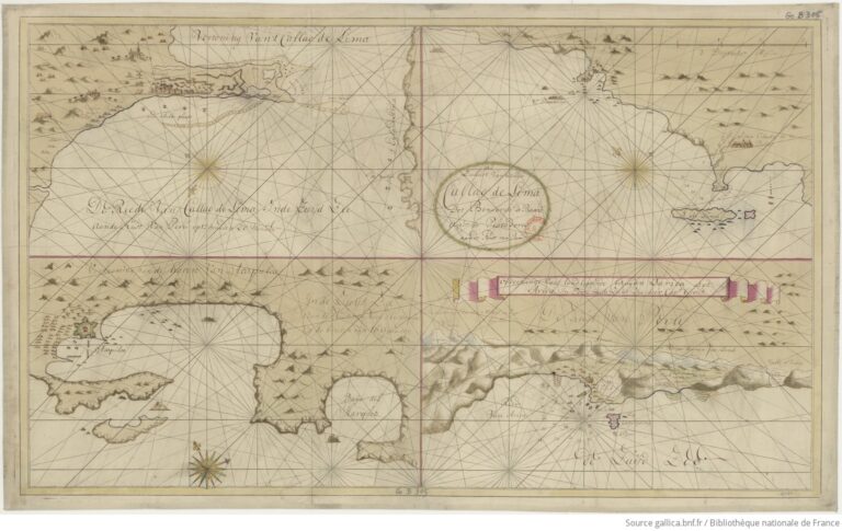 Hoja compuesta de gran formato (99 x 59 cm) que contiene 4 mapas manuscritos a color detallando puertos estratégicos del Pacífico americano para la navegación holandesa. Acapulco: "Vertooning van de haven van Acapulco..." (Vista del puerto de Acapulco en la costa de Nueva España a 16 grados de latitud). Muestra la entrada de la bahía y la orografía circundante. Callao (Perú): Vista de la rada del Callao de Lima (Escala aprox. 1:15,000). Costa Sur de Perú: Desde el sur del Callao hasta el norte de la Bahía (Escala aprox. 1:105,000). Arica: Vista de la tierra situada al sur de Darica hasta Arica (Perú/Chile). Es un documento valioso por ser manuscrito (no grabado en serie), probablemente utilizado para la creación de derroteros comerciales o estratégicos de la casa Van Keulen.