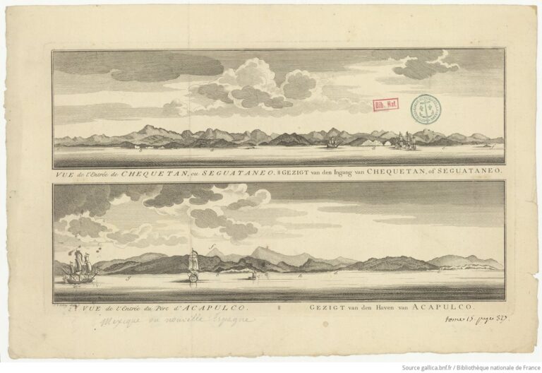 Vue de l'Entrée de Chequetan, ou Seguataneo ; Vue de l'entrée de Port d'Acapulco (Vista de la entrada de Chequetan, o Zihuatanejo; Vista de la entrada del Puerto de Acapulco).