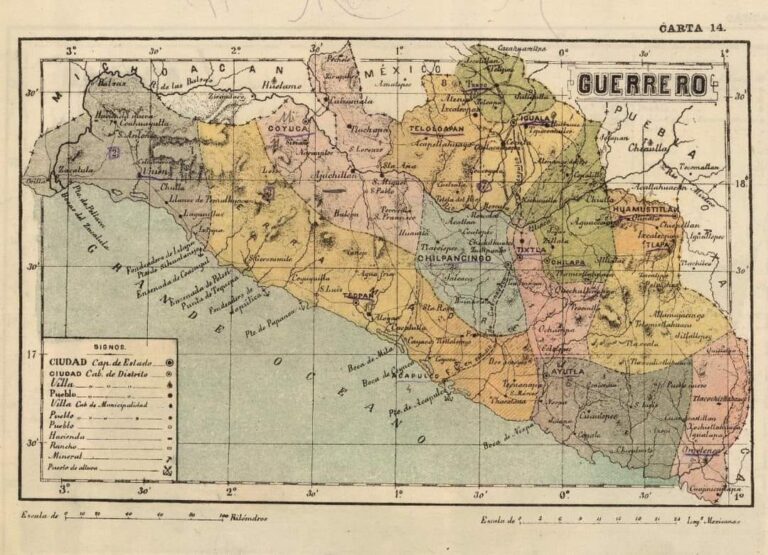 Con datos del censo de 1900 sabemos que había 475 mil habitantes en el estado de Guerrero, y se dividía en 14 distritos. Las ciudades más pobladas en 1900 eran: 1. #Chilapa: 7,899 habitantes 2. Chilpancingo: 7,497 habitantes 3. Iguala: 7,463 habitantes 4. Tixtla: 6,316 habitantes 5. Acapulco: 4,932 habitantes 📸 Mapa 1899