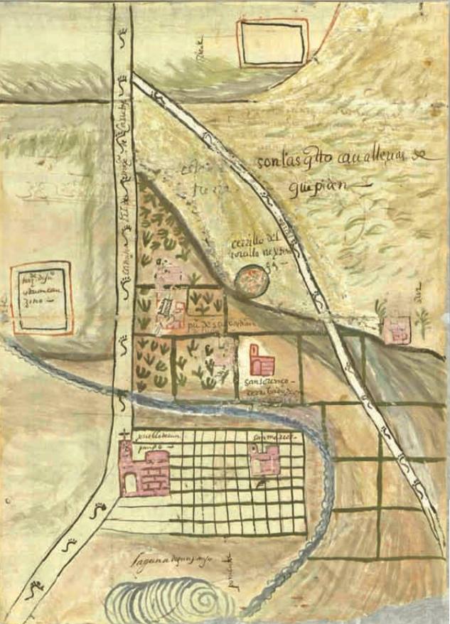 Contiene múltiples glosas manuscritas en español del siglo XVI que nombran lugares y describen la distribución de tierras (ej. "son las qtro caballerias..."). Es una pieza muy representativa de la transición cartográfica de México.