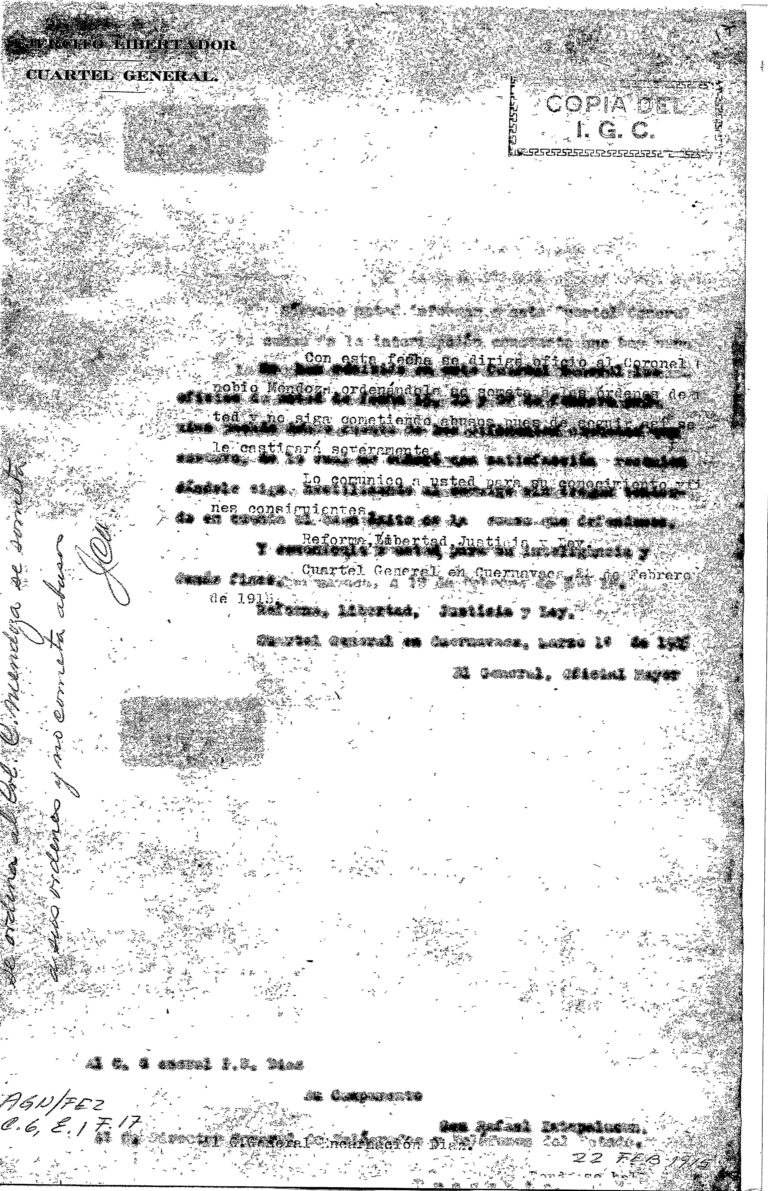 Oficio mecanografiado emitido desde el Cuartel General en Cuernavaca. El documento informa a un General (destinatario) que se han girado órdenes estrictas al Coronel Zenobio Mendoza