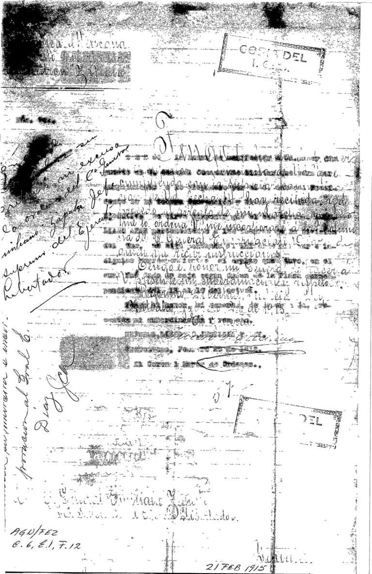 Oficio mecanografiado (muy desvanecido) enviado desde Iguala, Guerrero, dirigido al Cuartel General. El remitente informa que, "cumpliendo con la superior orden... que hoy he recibido", procede a incorporarse a la columna del General Encarnación Díaz para recibir instrucciones. El documento presenta varias anotaciones manuscritas al margen izquierdo que parecen resumir o reiterar la orden: "...sin excusa... orden del C. General Emiliano Zapata Jefe Supremo del Ejército Libertador". Contiene el sello de "COPIA DEL I.G.C." (Inspección General de Comunicaciones) y un sello fechador en la parte inferior.