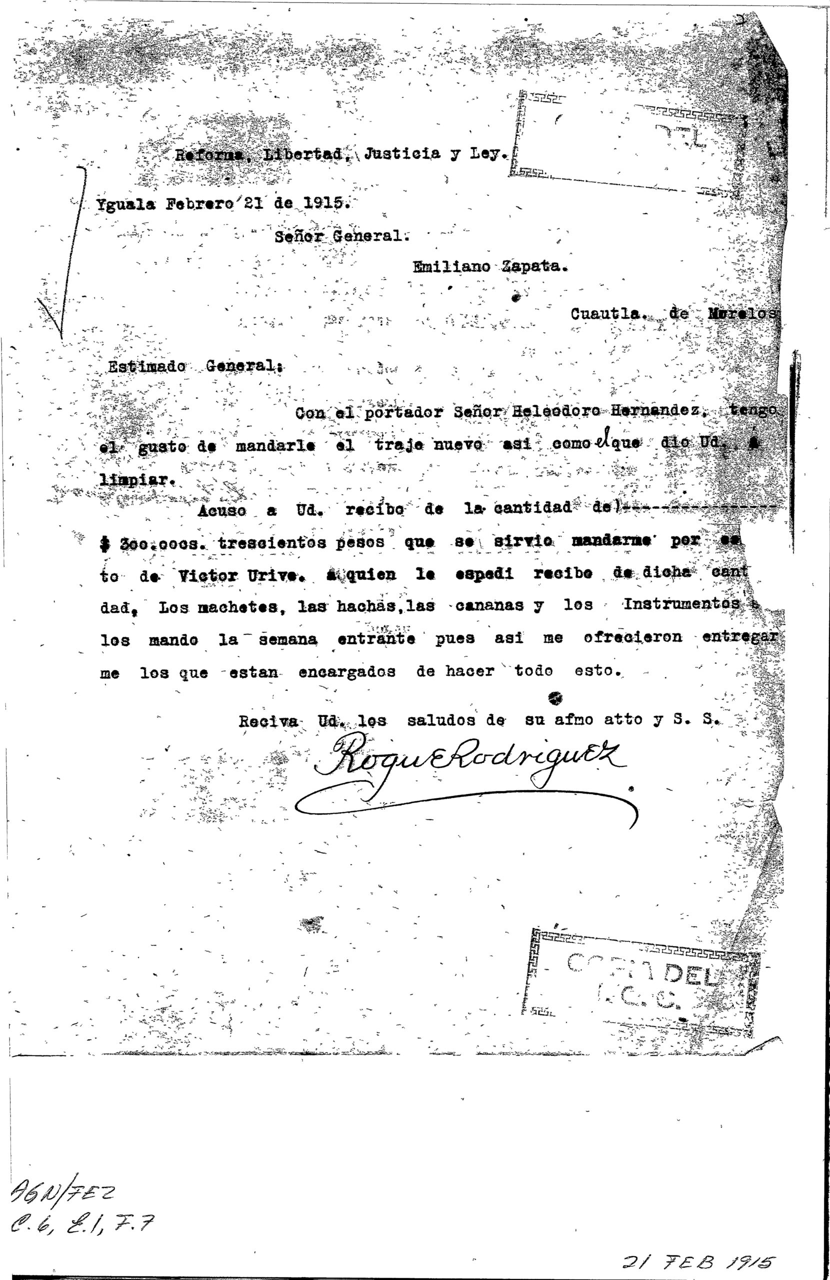 Carta mecanografiada enviada desde Iguala, Guerrero, dirigida al General Emiliano Zapata en Cuautla, Morelos. El remitente, Roque RodrΓguez, informa sobre varios asuntos logΓsticos y personales